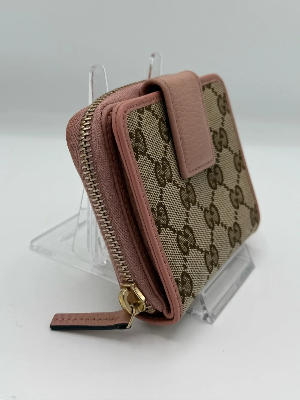 Gucci GG Canvas Comaoct Zip Around Wallet Beige Ebony Pink